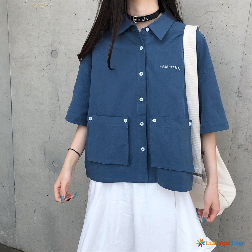 Blaue Hemdbluse Damen Dunkelblau Lose Hülse Japanischer Stil Blusen Entwurf Billig