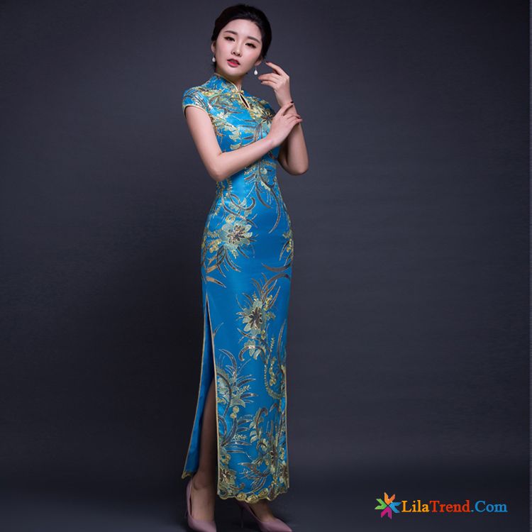 Blaues Kleid Grün Stufe Cheongsam Spitze Retro Die Gabel Teilen Billig