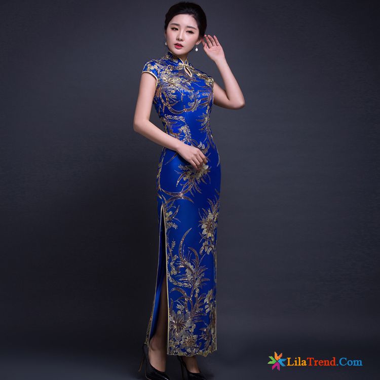 Blaues Kleid Grün Stufe Cheongsam Spitze Retro Die Gabel Teilen Billig