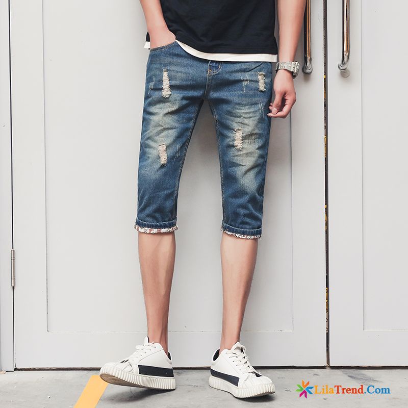 Chino Hose Herren Blau Kurze Hose Schmales Bein Denim Sommer Löcher Kaufen