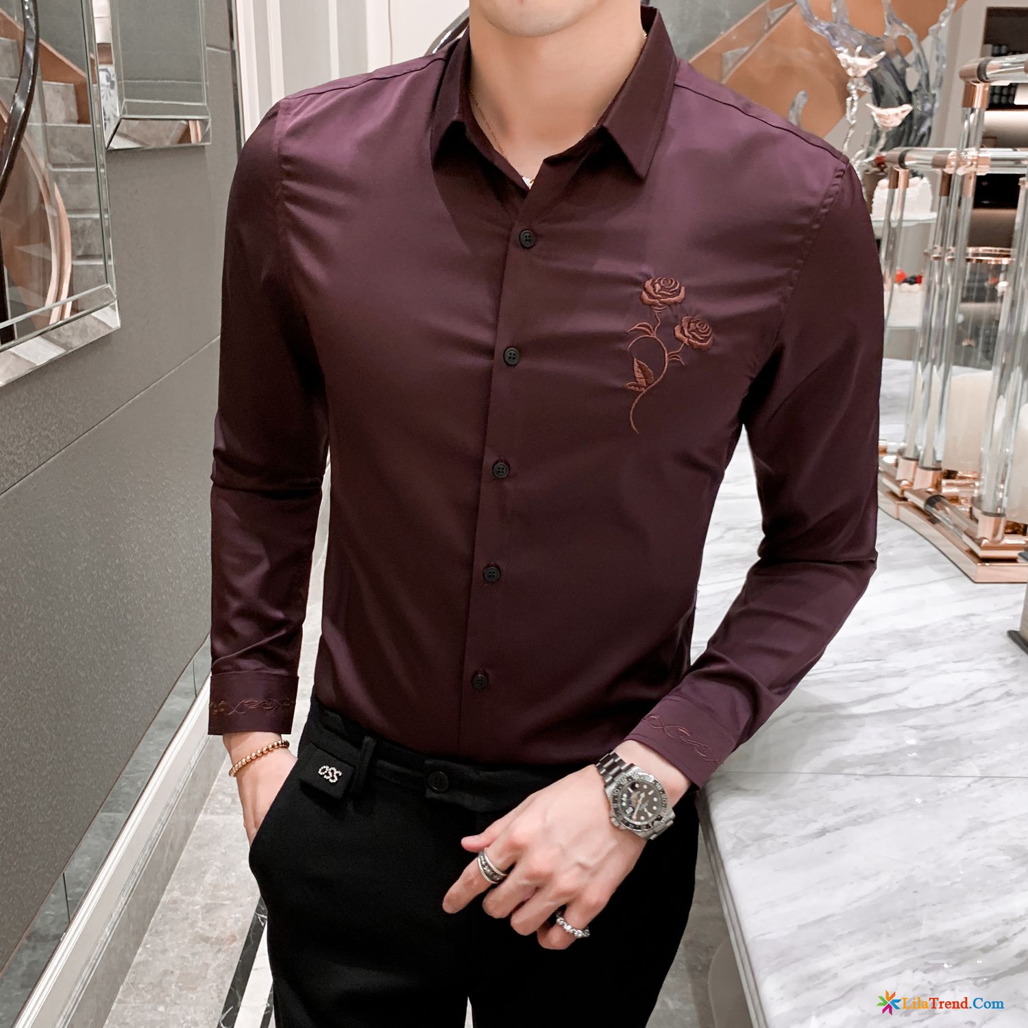 Hemd Herren Slim Fit Hellbraun Herren Schlank Hemd Rose Lila Kaufen