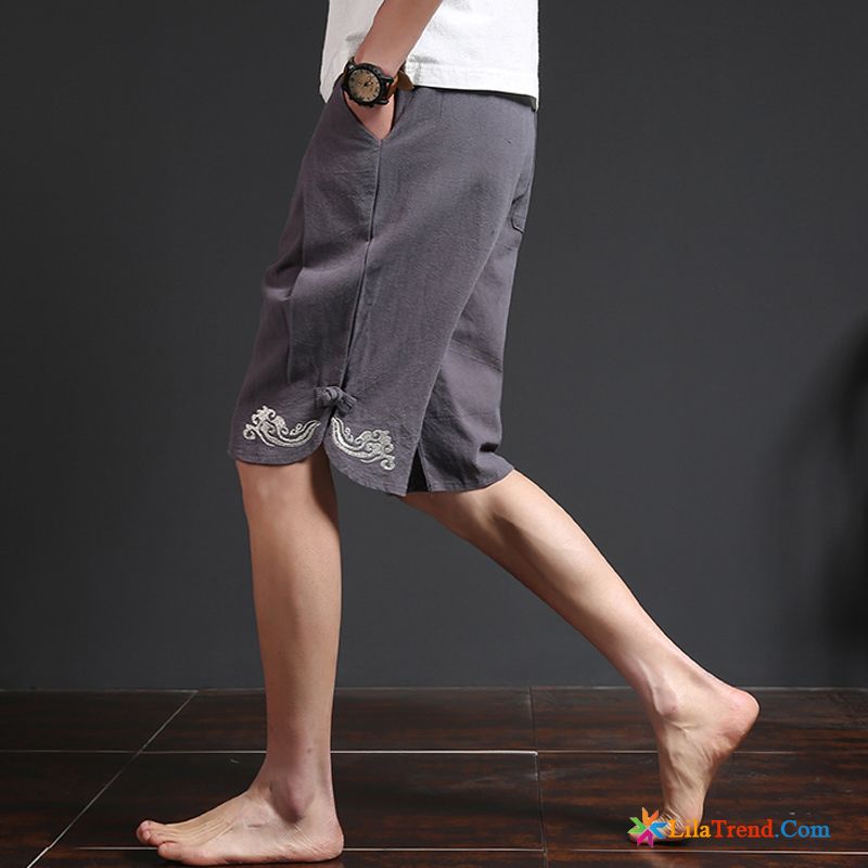 Herren Kurze Hosen Chino Sommer Leinen Grau Retro Chinesischer Stil Billig