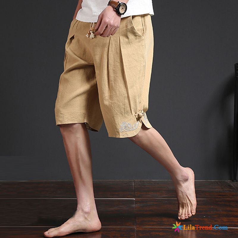 Herren Kurze Hosen Chino Sommer Leinen Grau Retro Chinesischer Stil Billig