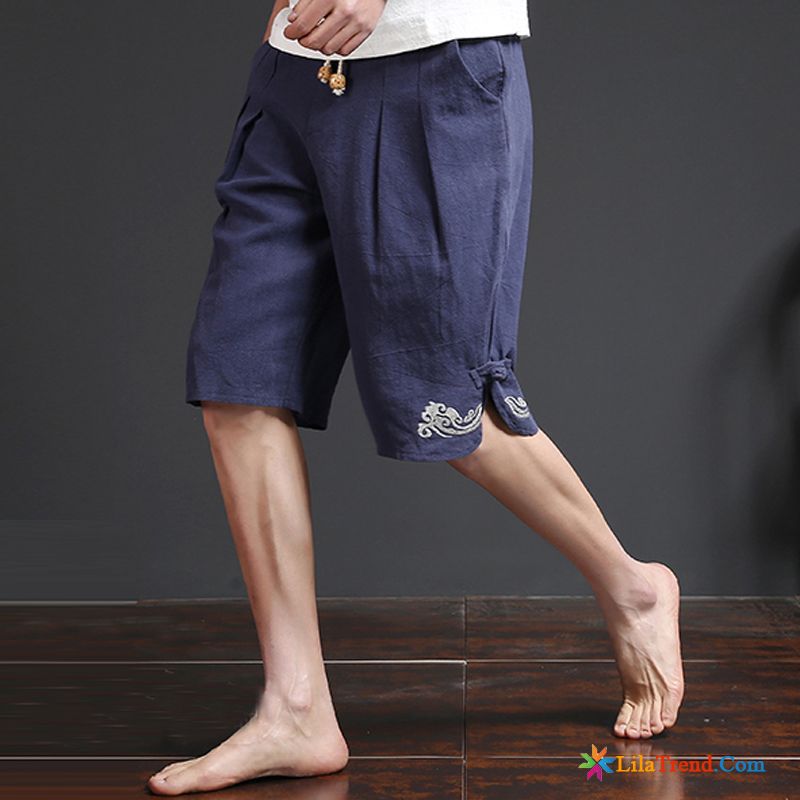 Herren Kurze Hosen Chino Sommer Leinen Grau Retro Chinesischer Stil Billig