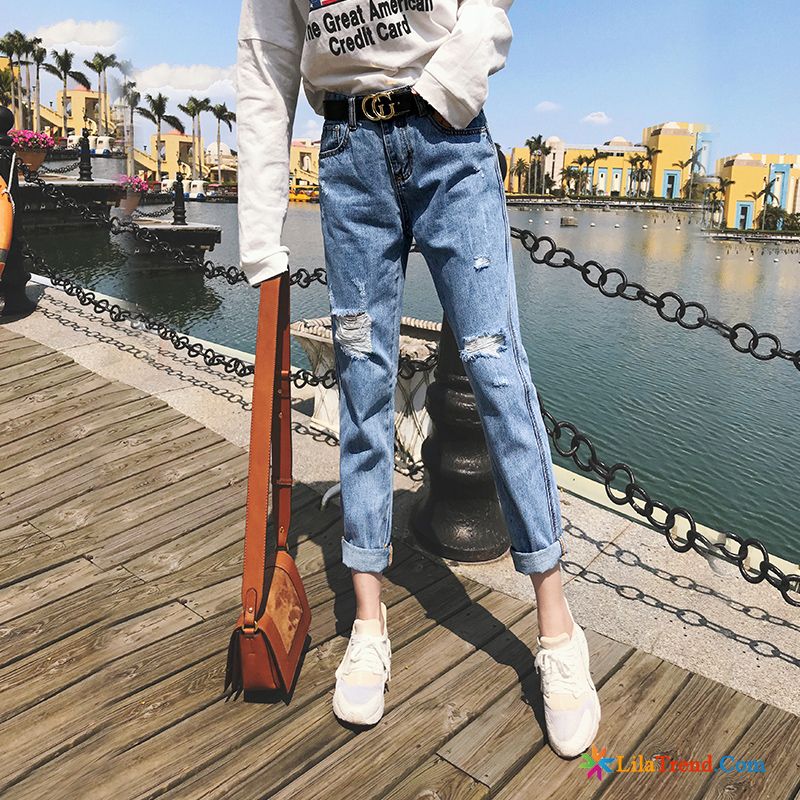 High Waisted Jeans Olivgrün Löcher Hohe Taille Hellblau Jeans Lose Billig