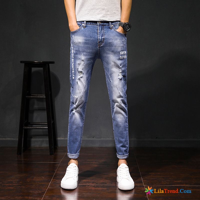 Jeans Gummibund Herren Schwarz Elastisch Herren Dünn Trend Schlank Günstig