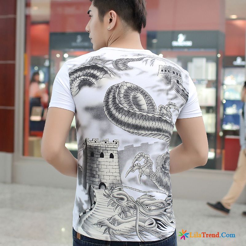 Ringel T Shirt Herren Rundausschnitt Herrschsüchtig Drache Chinesischer Stil Schlank Verkaufen