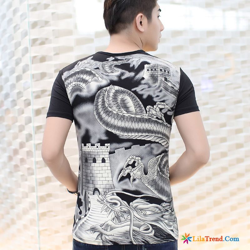 Ringel T Shirt Herren Rundausschnitt Herrschsüchtig Drache Chinesischer Stil Schlank Verkaufen