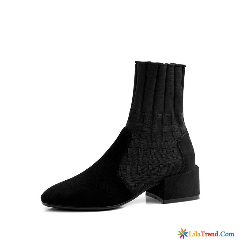 Stiefeletten Damen Schwarz Flach Leder Kurze Stiefel Neue Herbst Dick Elastizität Günstig