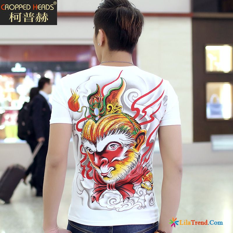 T Shirt Lang Geschnitten Herren Chinesischer Stil Trend Halb Ärmel Große Größe Drucken Günstig