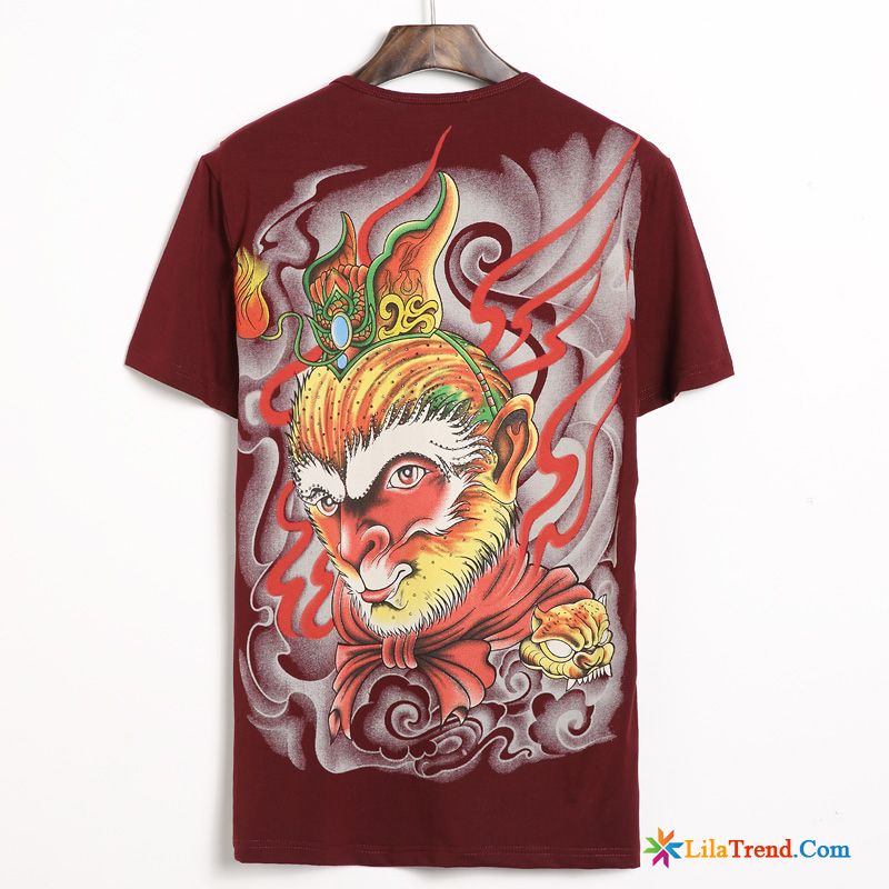 T Shirt Lang Geschnitten Herren Chinesischer Stil Trend Halb Ärmel Große Größe Drucken Günstig