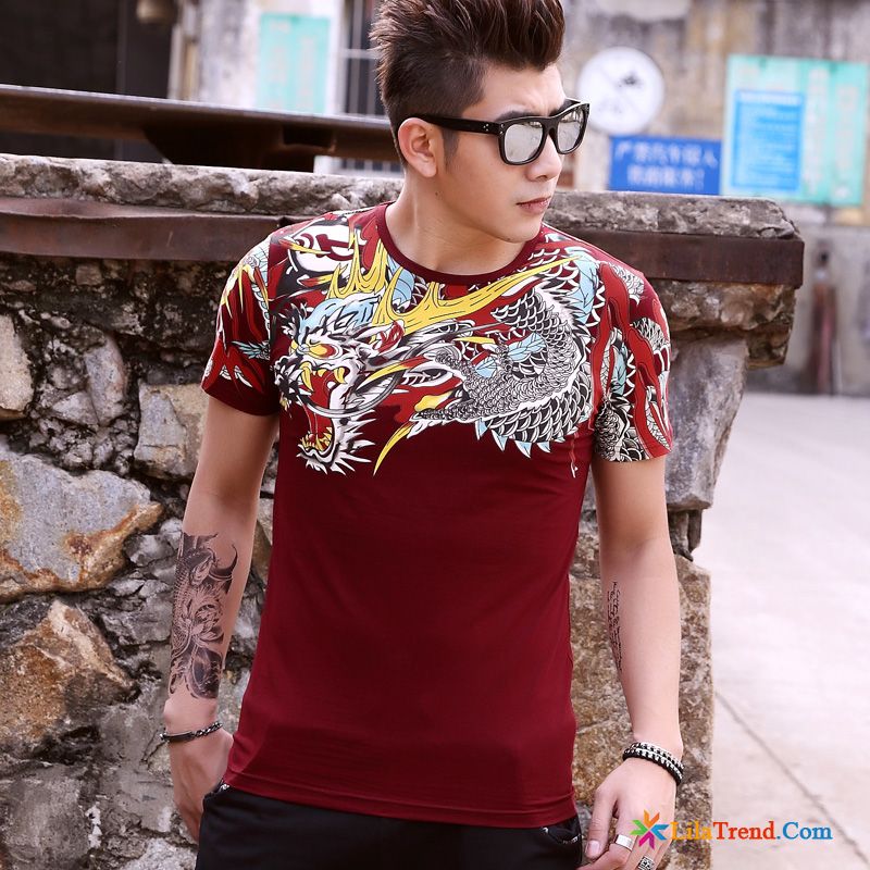 T Shirt Lang Geschnitten Herren Chinesischer Stil Trend Halb Ärmel Große Größe Drucken Günstig