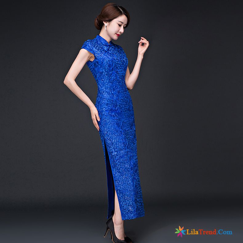 Abendkleider Online Braun Cheongsam Die Gabel Teilen Blau Langer Abschnitt Kleid