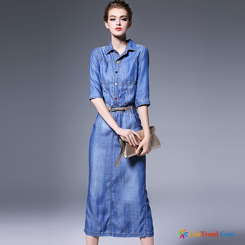 Abschlusskleider Online Shop Denim Feder Damen Sommer Langer Abschnitt Günstig