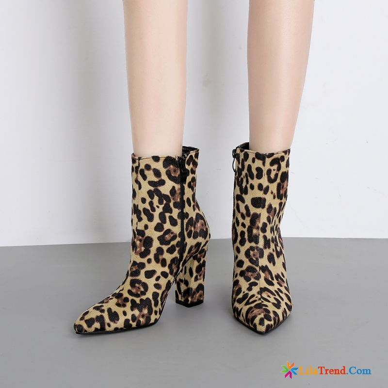 Ausgefallene Leopard Spitze Dick Kurze Stiefel Serpentin Günstig