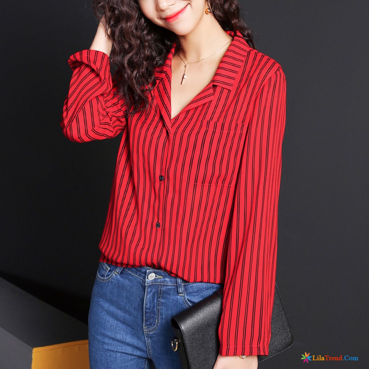 Blaue Bluse Mit Weißen Punkten Neu Damen Chiffon Rote Retro Verkaufen