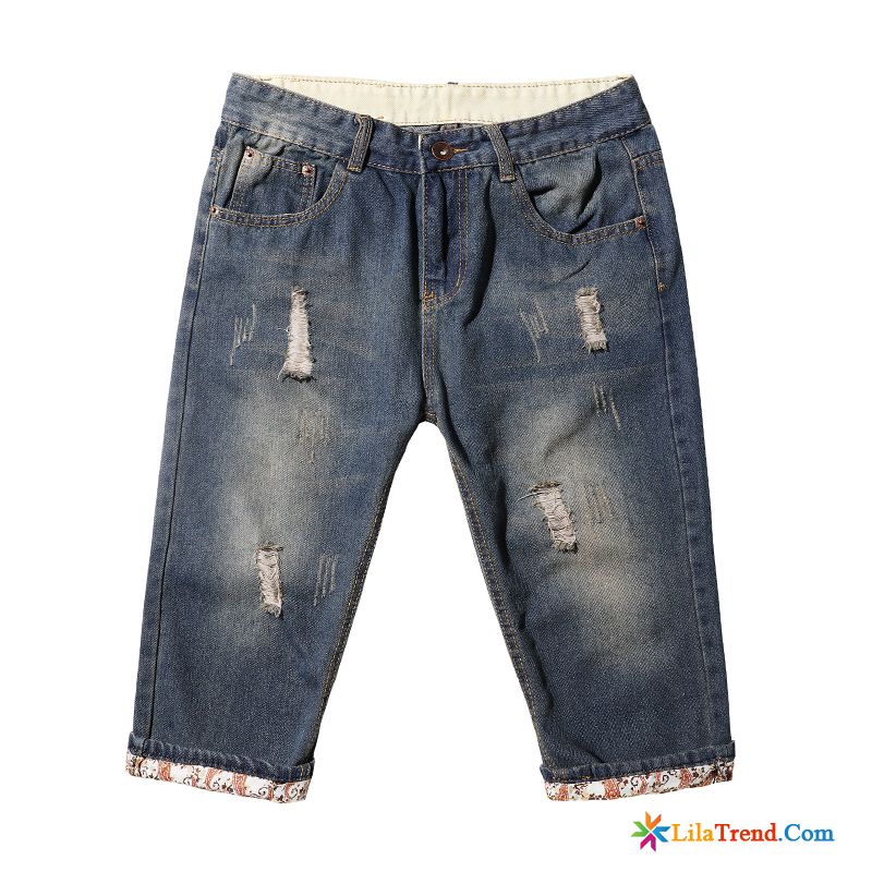 Chino Hose Herren Blau Kurze Hose Schmales Bein Denim Sommer Löcher Kaufen