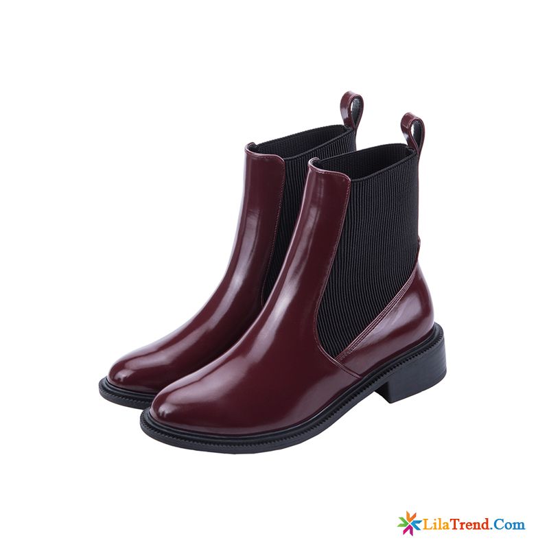 Damen Boots Schwarz Leder Rot Stiefel Runde Zehe Trend Ultra Kaufen