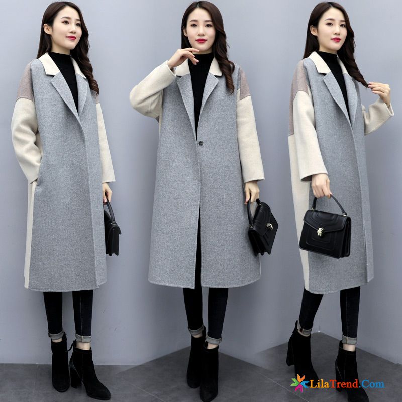 Damen Mäntel Online Kaufen Durchsichtig Grau Herbst Mischfarben Mäntel Wolle Spleißen Rabatt