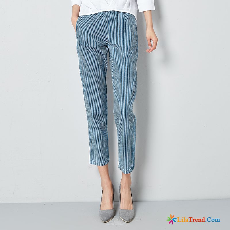 Flanellhose Damen Grau Sandbeige Dünn Streifen Baumwolle Elastisch Denim Günstig