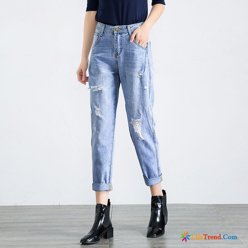 Graue Jeans Damen Straight Durchsichtig Löcher Sommer Blau Jeans Harlan Billig