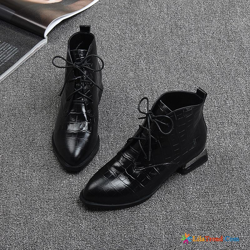 Hochzeitsschuhe Damen Schwarz Echtleder Dick Kurze Stiefel Flache Martin Stiehlt Kaufen