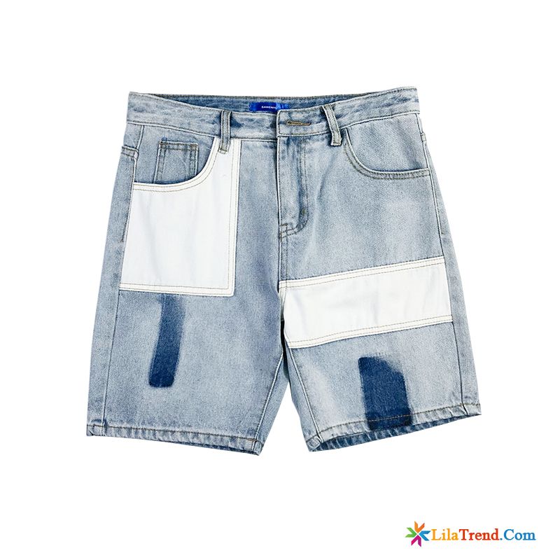 Mode Jeans Herren Lindgrün Kurze Hose Trend Kontrastfarbe Sommer Lose Günstig