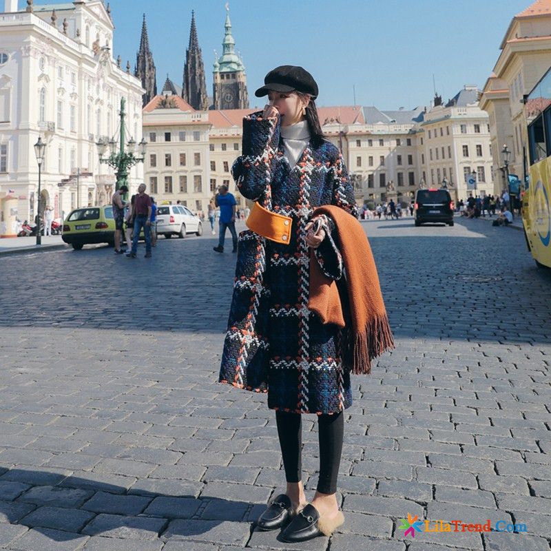 Oversize Mäntel Damen Meeresgrün Heißer Art Gitter Blau Mäntel Wolle Ultra Günstig