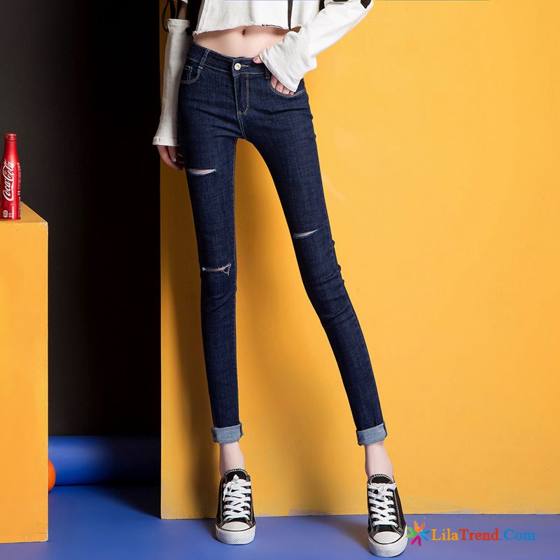 Schwarze Jeans Bootcut Rosarot Herbst Damen Dünn Bleistift Hose Löcher Verkaufen