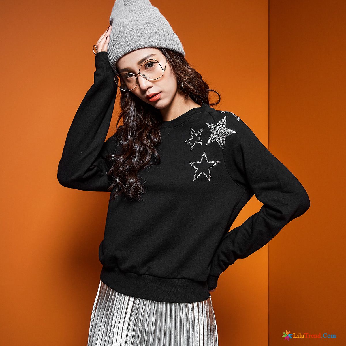 Schwarzer Glitzer Pulli Neu Kurzer Absatz Damen Hoodies Lose Verkaufen