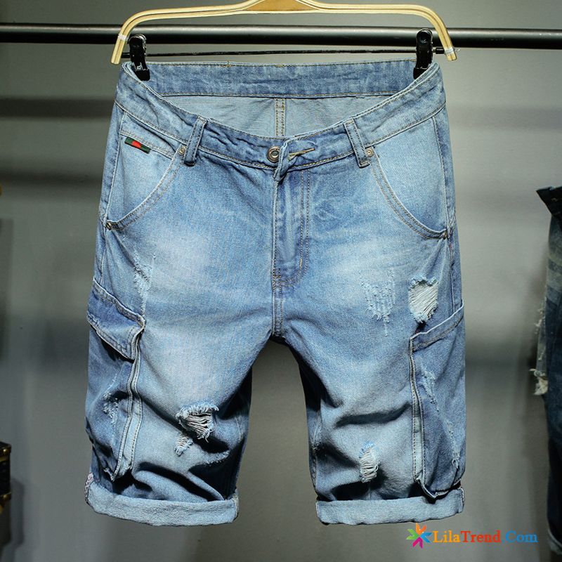 Skinny Cargohose Herren Orangerot Kurze Hose Herren Denim Löcher Weites Bein Billig