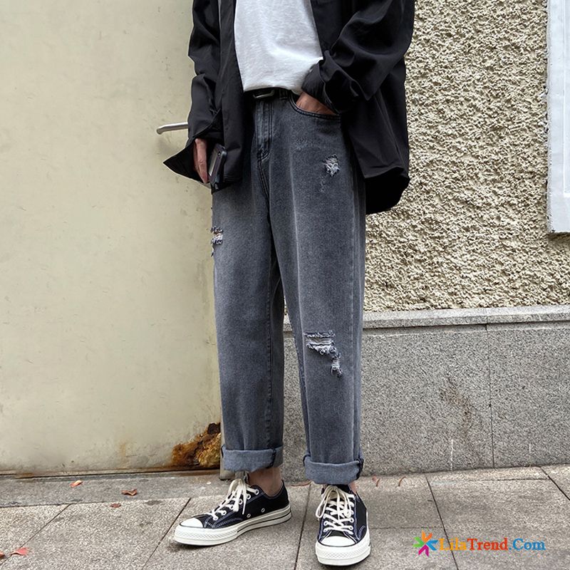 Skinny Jeans Männer Jeans Grau Löcher Ultra Neunte Hose Billig