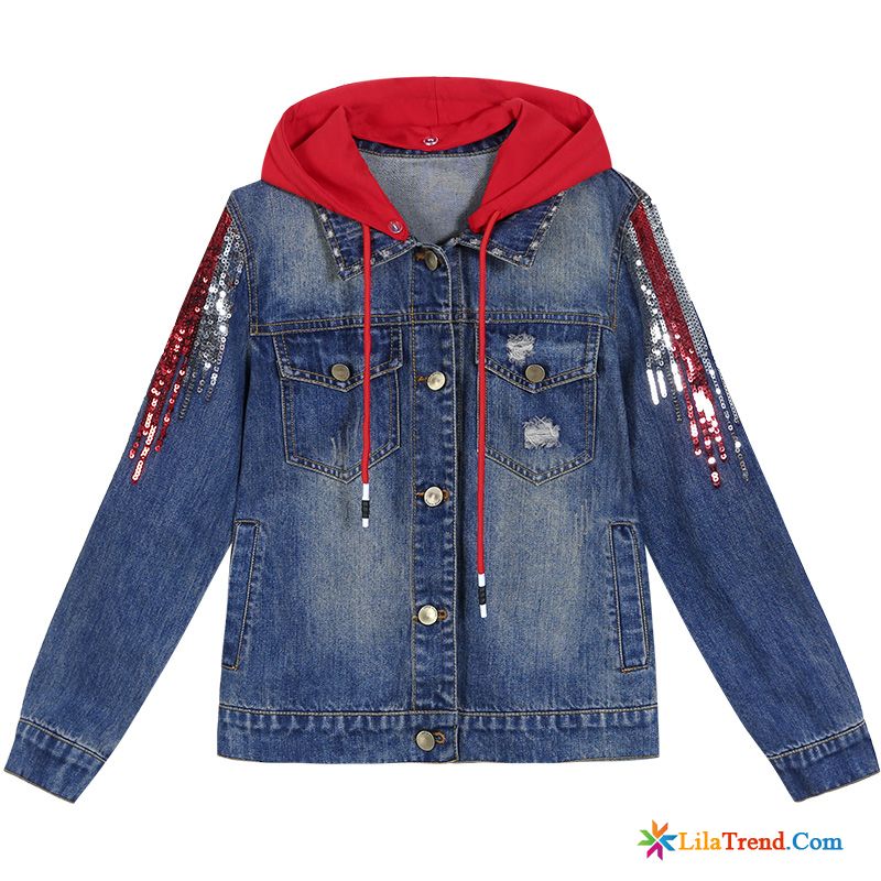 Sommerjacke Damen Blau Feder Kurzer Absatz Lose Trend Denim Billig