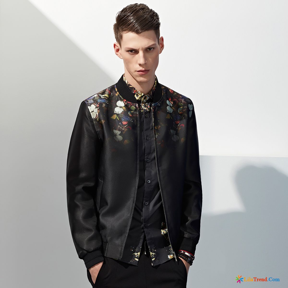 Übergangsjacke Herren Schwarz Blumen Gradient Trend Jacke Überzieher